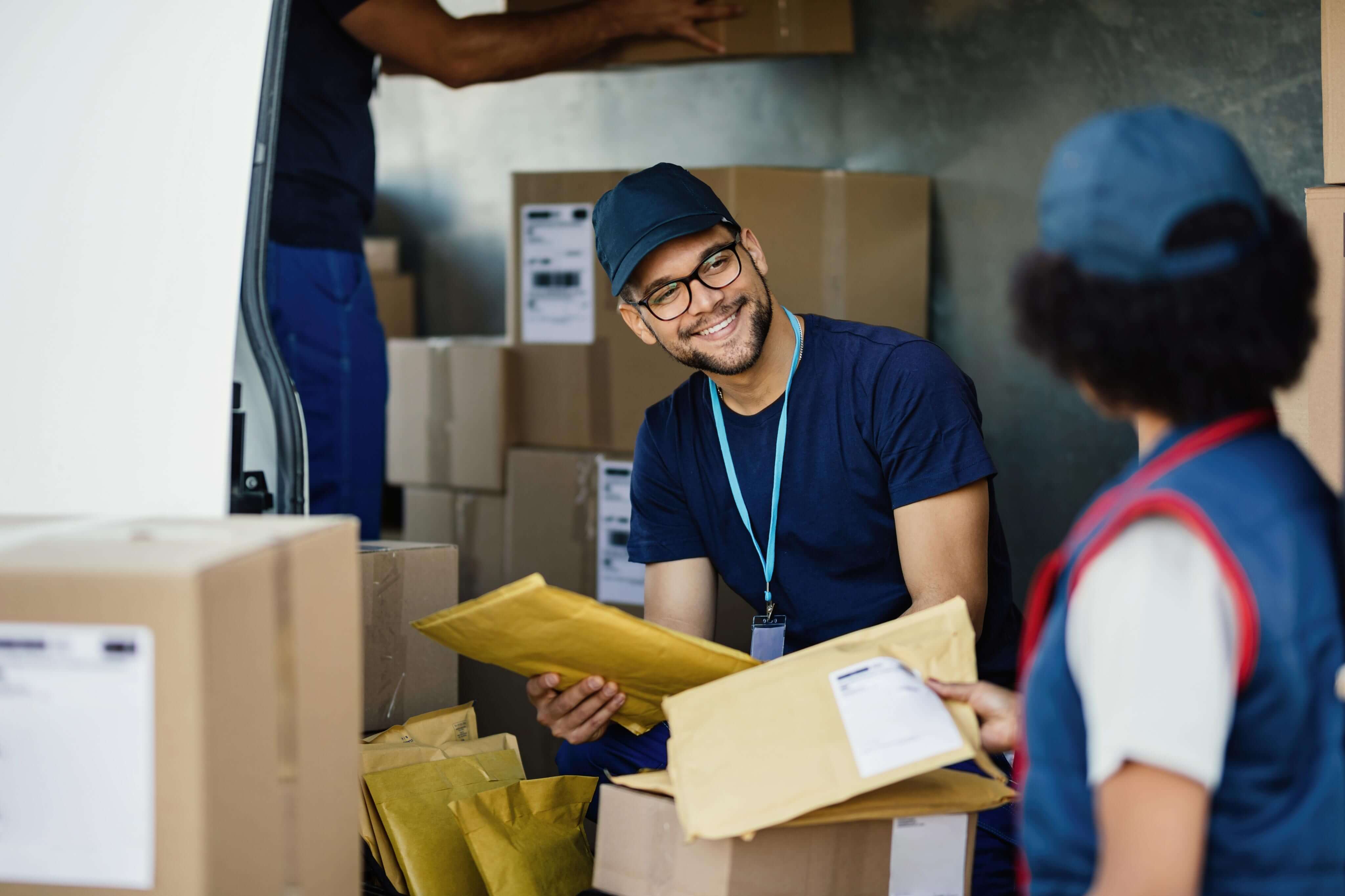 Professional mover preparing packed boxes