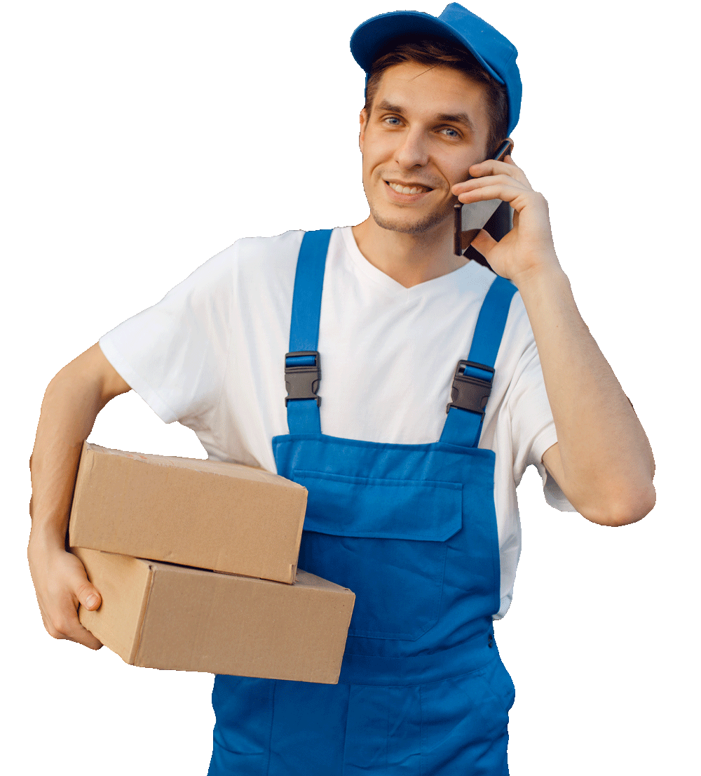 Professional mover holding boxes and speaking with a customer